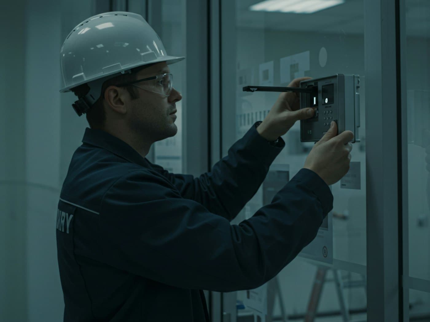 Un technicien en casque contrôle un équipement de sécurité